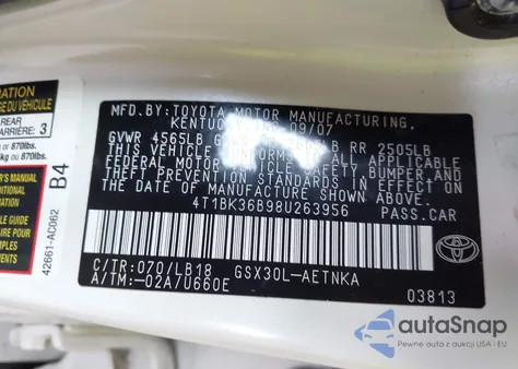 2008 Toyota Avalon Touring from USA, damaged, VIN 4T1BK36B98U263956